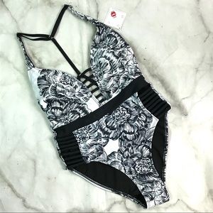 Hot Kiss strappy one piece swimsuit XS black white